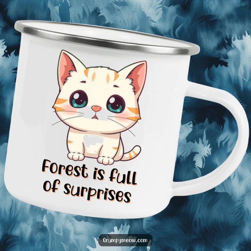 Funny Camping Mug: A cat with dilated pupils stares in surprise at a sudden appearance, perfect for shocking camp mornings.