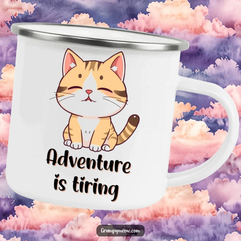 Funny cat camping mug showing a cat sighing with a puff of air, ideal for outdoor enthusiasts who appreciate a touch of humor.