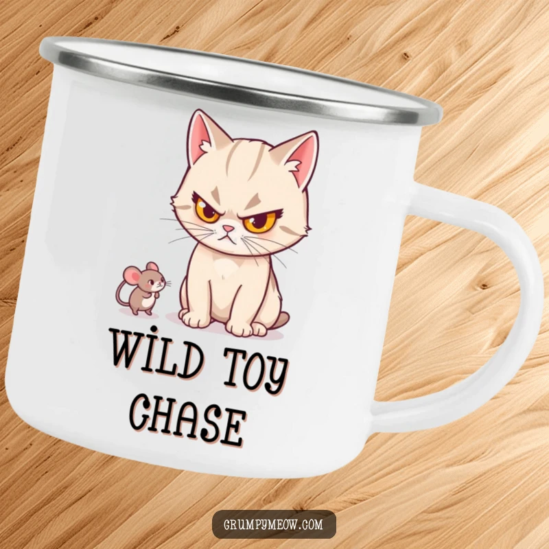 Funny cat camping mug showing a cat with a stern look, batting a small mouse toy, ideal for outdoor enthusiasts with a sense of humor.
