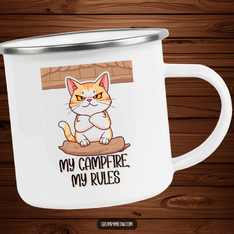 Funny Camping Mug: A defiant cat with folded arms glares from a cozy perch, perfect for guarding morning coffee.