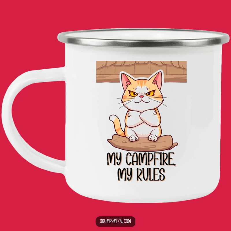 Funny Defiant Cat Camping Mug: Guard Your Coffee with Feline Attitude