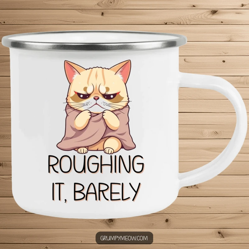 Funny camping mug with a grumpy cat sighing dramatically under a blanket, bringing humorous coziness to outdoor adventures.