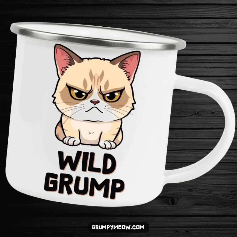 Funny Camping Mug featuring a grumpy cat glaring with a tiny, hidden smile, perfect for enjoying nature with a touch of attitude.