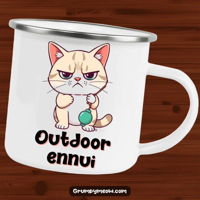 Funny Camping Mug featuring a grumpy cat looking unimpressed while swatting a dangling toy, perfect for enjoying nature with apathy.