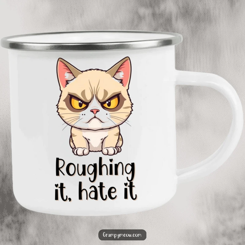 Funny grumpy cat camping mug with a durable design, showing a cat glaring with crossed eyes in an outdoor setting.