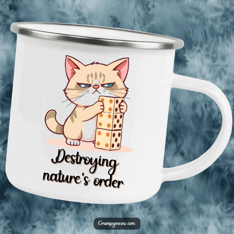 Funny grumpy cat camping mug, about to push over dominoes, exuding wilderness grumpiness, a superb funny gift for campers.