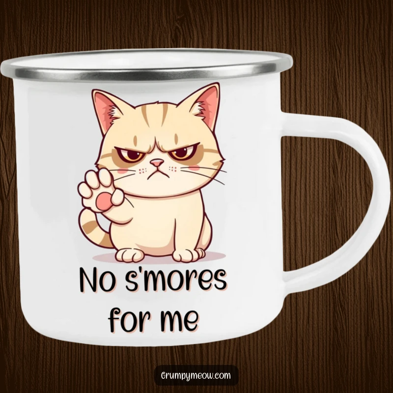 Funny camping mug featuring a grumpy cat with a paw out, signaling a humorous 'no' to unwanted disturbances.