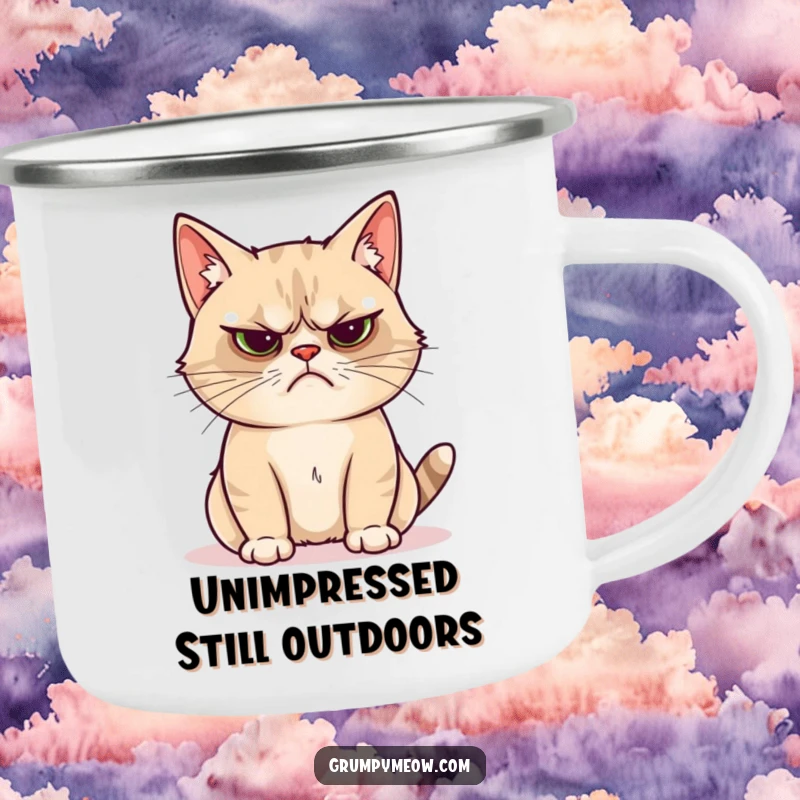 Funny grumpy cat camping mug showing a cat unimpressed by a shiny object, ideal for outdoor humor.