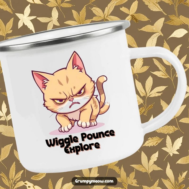 Funny grumpy cat camping mug showing a stealthy pounce fail with a wiggle, perfect for outdoor enthusiasts.