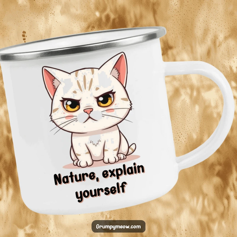 Funny camping mug with a skeptical cat's raised eyebrow, observing humorously, perfect for outdoor enthusiasts with wit.