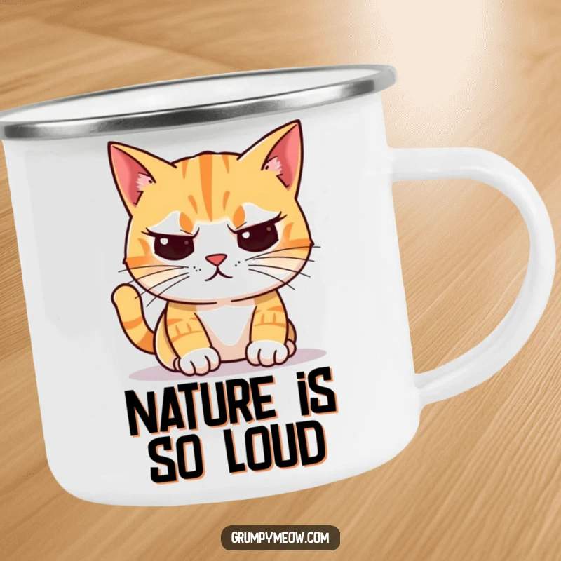 Funny Camping Mug: A cat with crooked whiskers looks unimpressed while judging a colorful object, perfect for critical campers.
