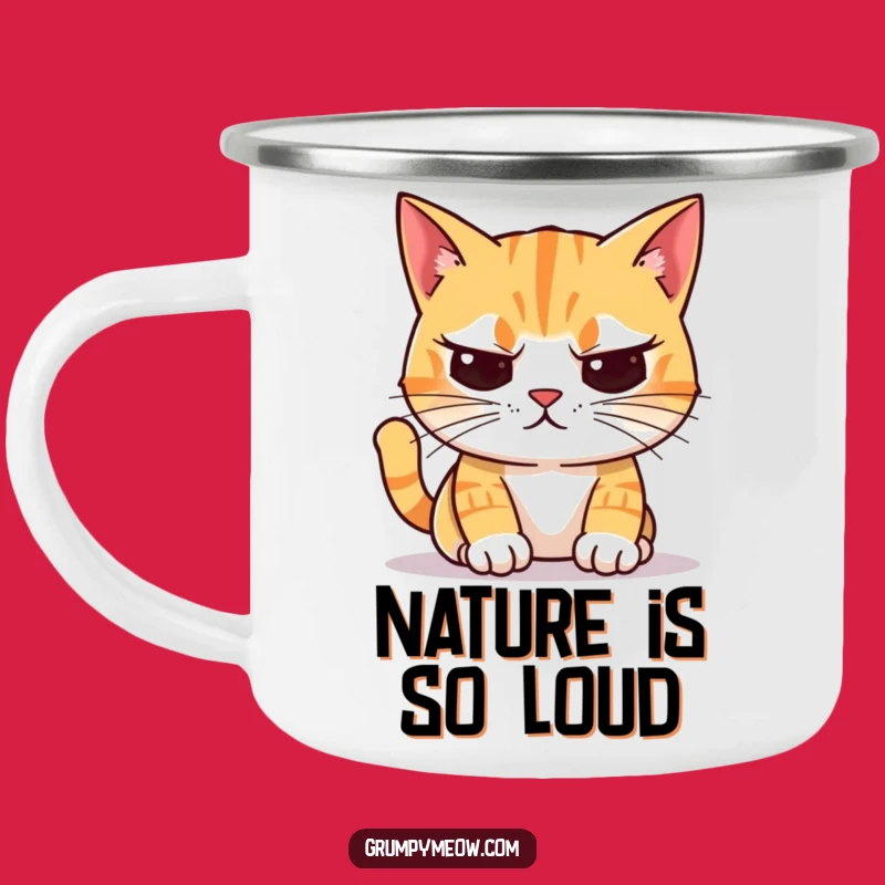 Funny Unimpressed Cat Camping Mug: Judge Nature with Crooked Whiskers