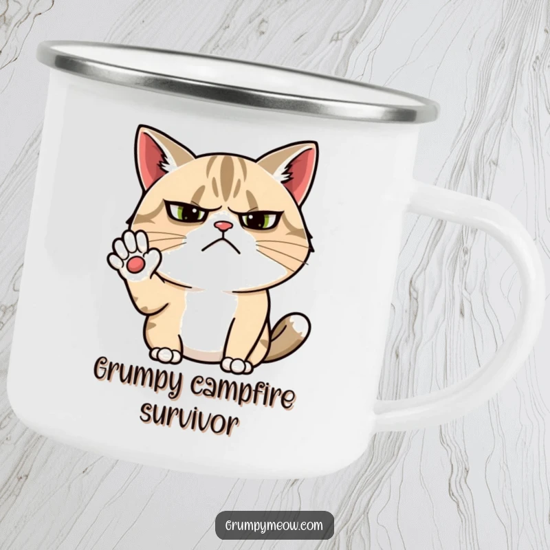 Funny grumpy cat camping mug showing a cat with a furrowed brow attempting a cheerful wave, perfect for outdoor grumps.