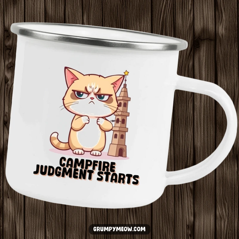 Funny camping mug showing a grumpy cat giving a sideways, judgmental glance at a wobbly tower, perfect for outdoor drinks with critical flair.
