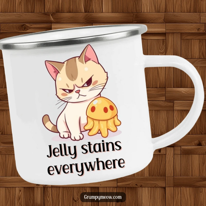 Funny camping mug featuring a grumpy cat arching its back and hissing at a wobbling jelly, ideal for outdoor humor.