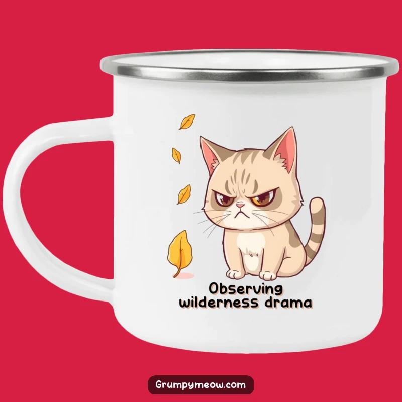 Funny Grumpy Cat Leaf Camping Mug: Contemplation on the Go