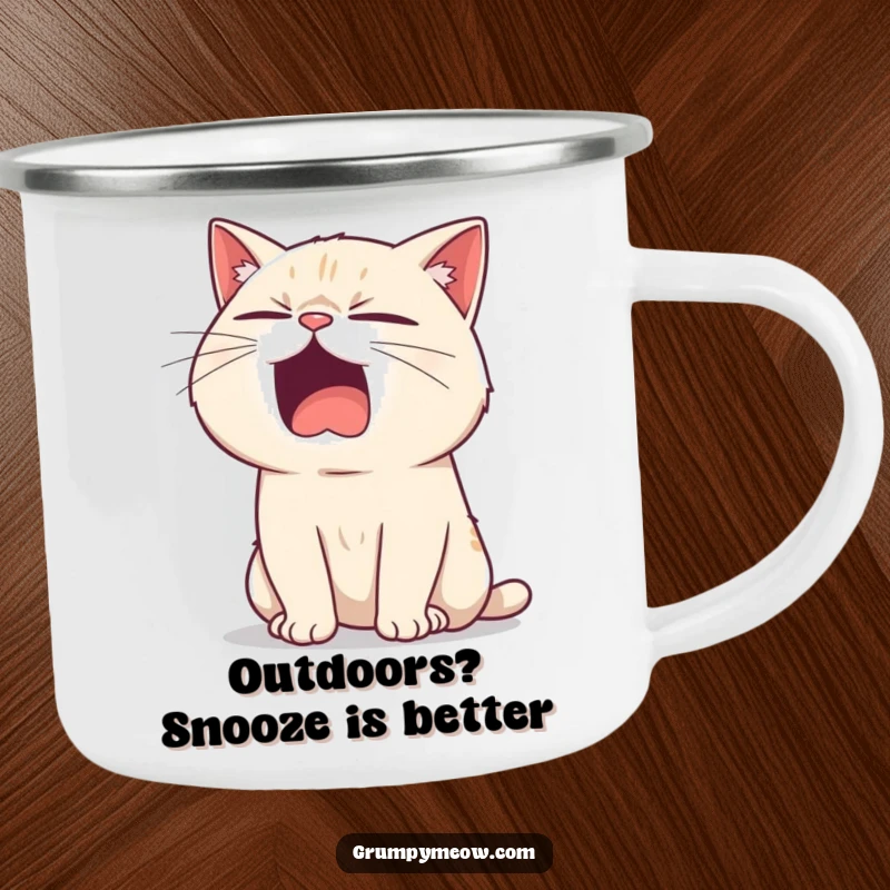 Funny camping mug with a bored cat yawning, a sarcastic twinkle, perfect for outdoor enthusiasts who enjoy humor.
