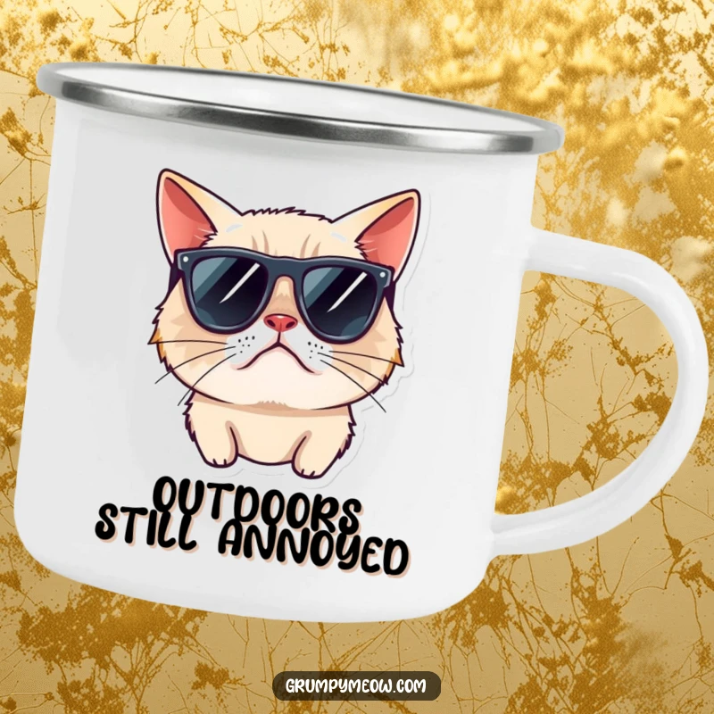 Funny grumpy cat camping mug, wearing sunglasses, looking away rudely, perfect for humorous outdoor sips.