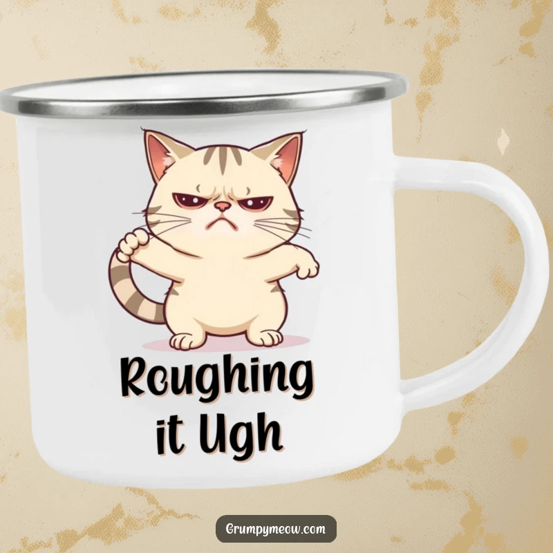 Funny grumpy cat camping mug showing a cat attempting a very unenthusiastic stretch, perfect for outdoor use.