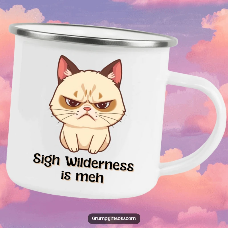Funny grumpy cat camping mug showing a dramatic sigh with a frown, perfect for outdoor humor.