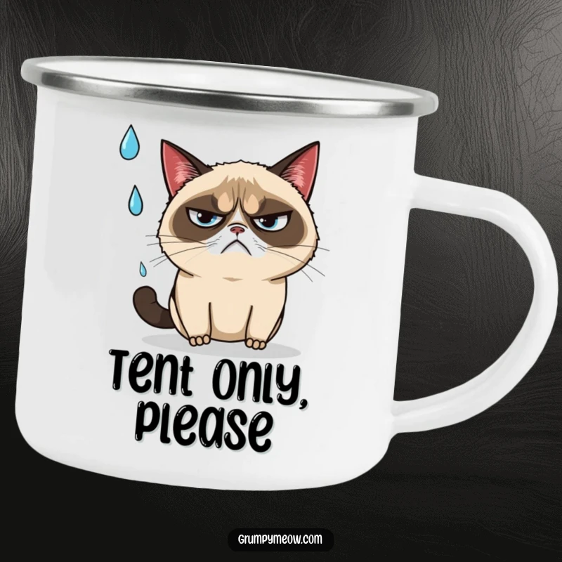 Funny grumpy cat narrowly dodging a falling raindrop with an annoyed sigh on a camping mug, for outdoor adventures, a funny gift.