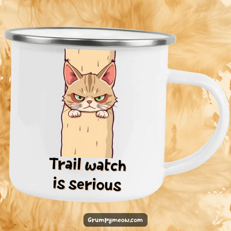 Funny camping mug showcasing a grumpy cat peeking suspiciously from behind a giant scratching post, ready for outdoor adventures.