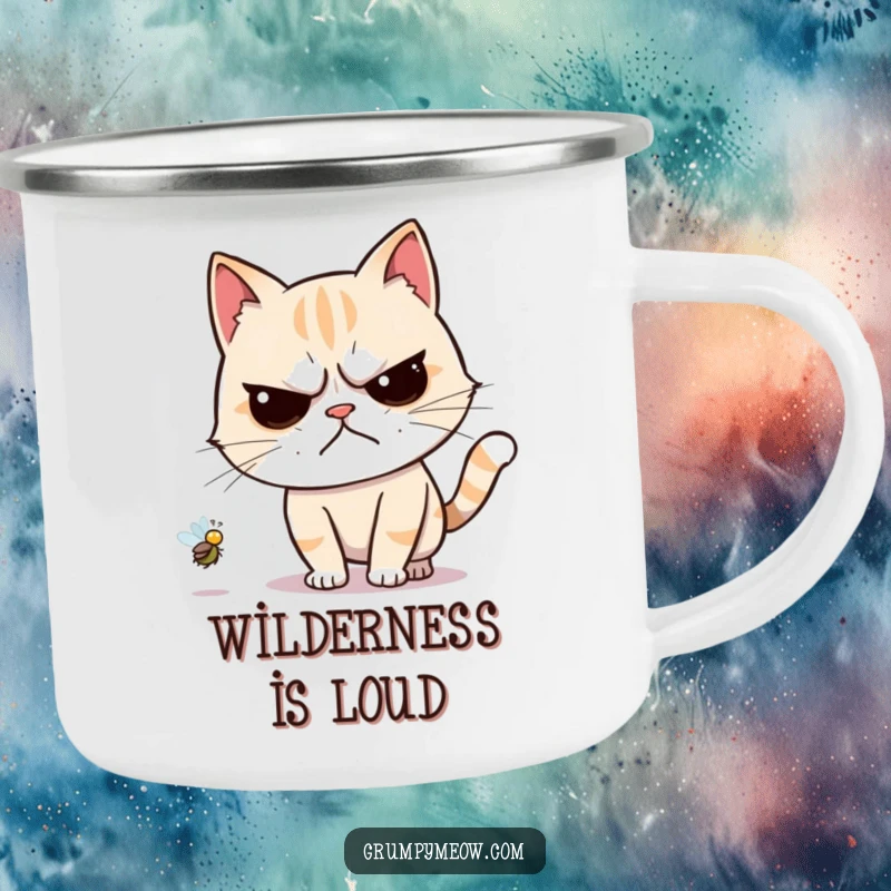 Funny camping mug featuring a grumpy cat reluctantly chasing a buzzing fly, ideal for outdoor humor.