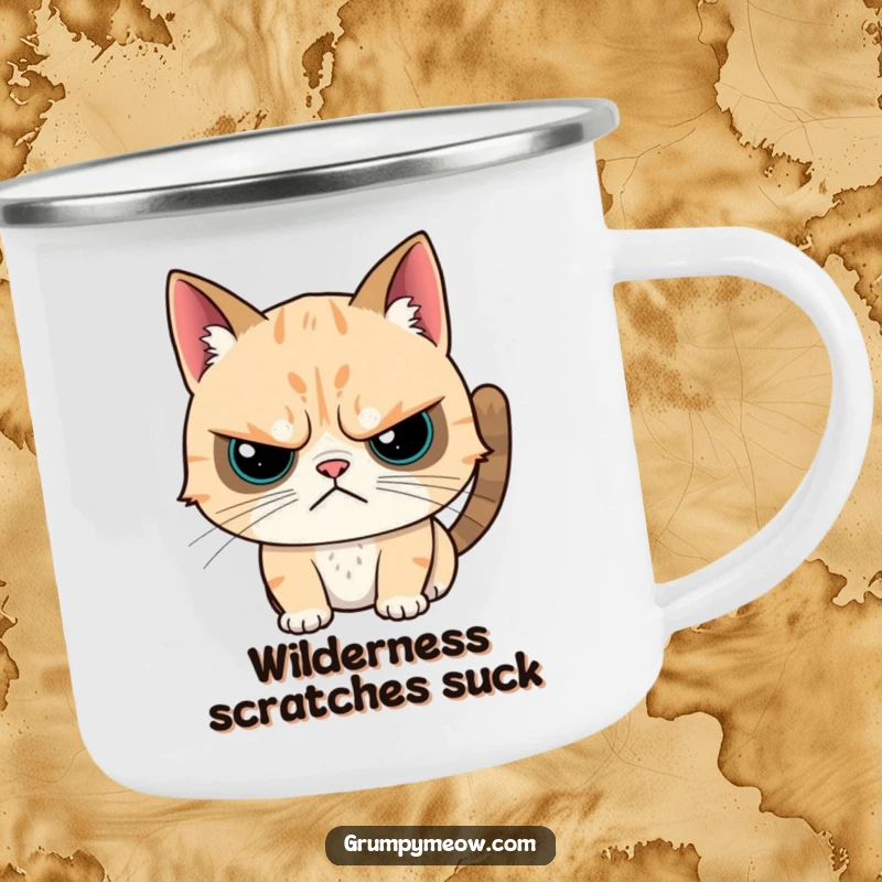 Funny camping mug featuring a grumpy cat with a twitching ear during a head scratch, perfect for humorous outdoor enjoyment.