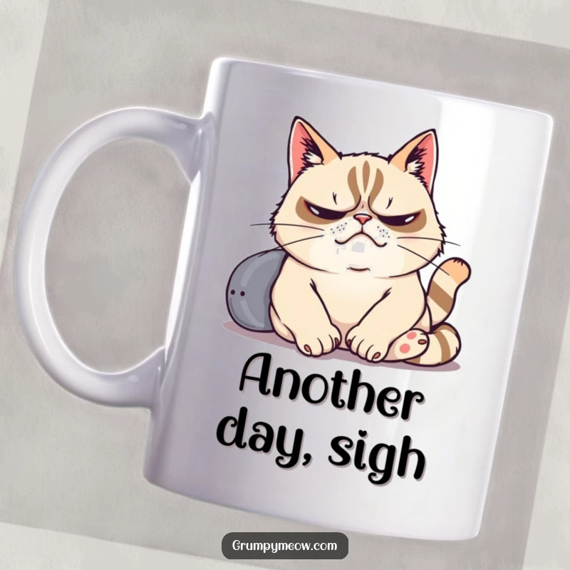 Funny mug depicting a grumpy cat dramatically sighing while lounging lazily, capturing a moment of utter feline exhaustion.