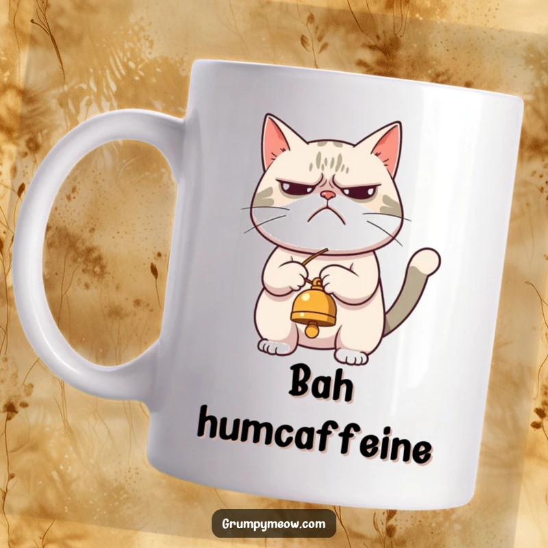 Funny mug featuring a grumpy cat reluctantly batting at a dangling bell, capturing a mood of begrudging amusement and feline sass.