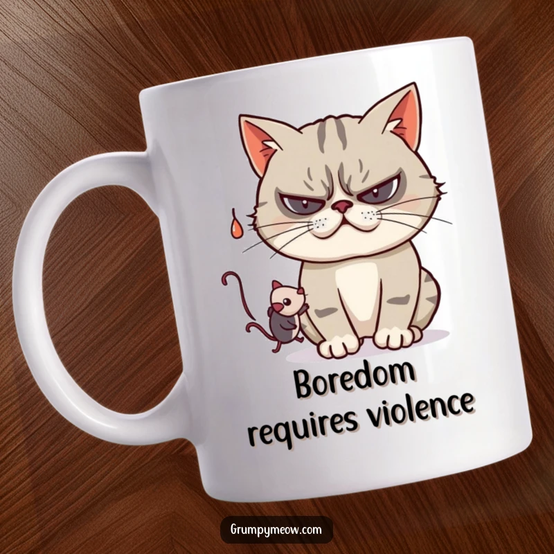 Funny mug featuring a grumpy cat playfully swatting at a dangling toy mouse, showcasing begrudging amusement and a hint of mischief.