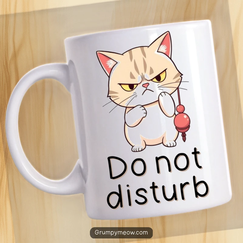 Funny grumpy cat with narrowed eyes disdainfully batting a dangling toy, expressing utter feline annoyance.