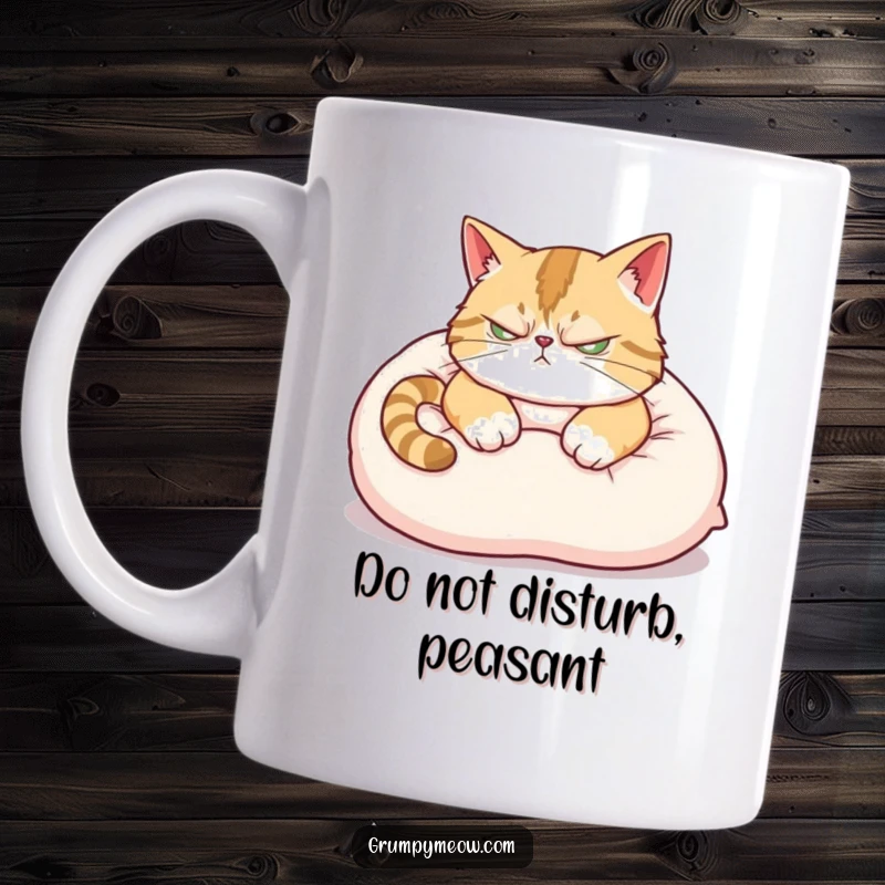Funny Mug: A scowling cat with a twitching ear tries to nap on a pillow, expressing pure sleepy annoyance.