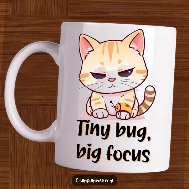 Funny cat mug featuring wide-eyed cat squinting intensely at a tiny insect, showcasing extreme focus and hunting instinct.