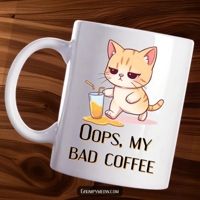 Funny cat mug featuring a cat with a resigned expression walking away from a spilled drink, showing nonchalance and humor.