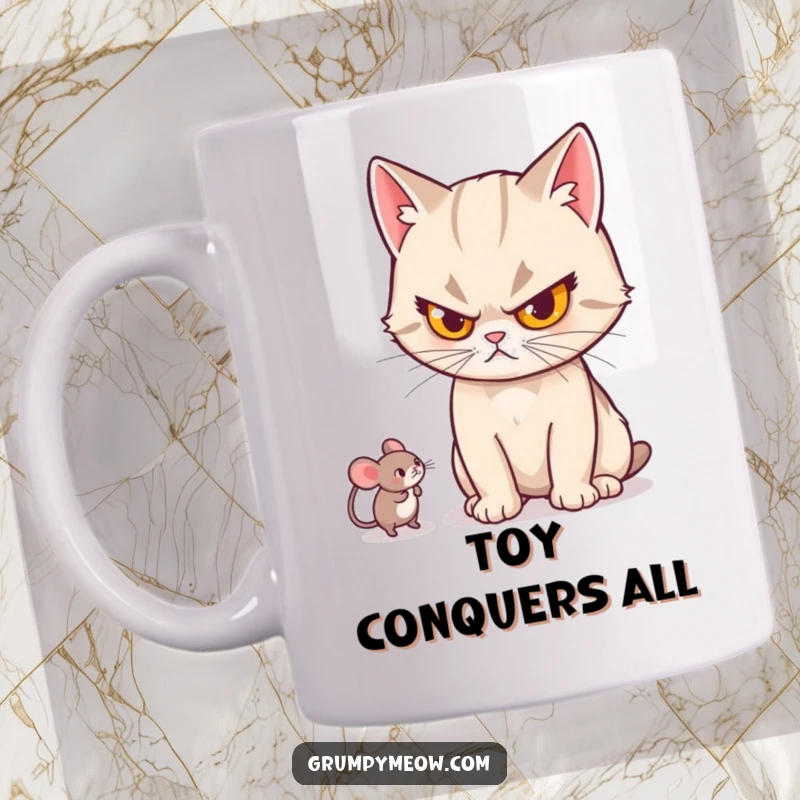 Funny cat mug showing a cat with a stern look, batting a small mouse toy with intense focus and mock seriousness.