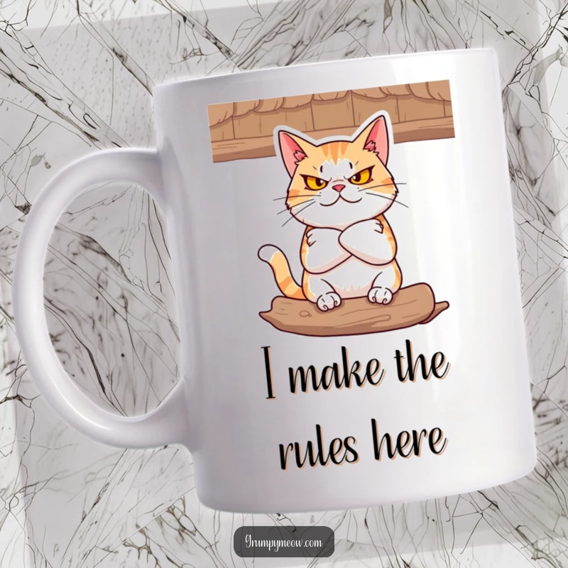 Funny Mug: A defiant cat with folded arms glares intimidatingly from a cozy perch, radiating stubborn feline energy.