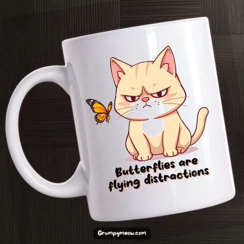 Funny mug featuring a grumpy cat with narrowed eyes intensely observing a delicate butterfly fluttering nearby, showcasing feline disdain.