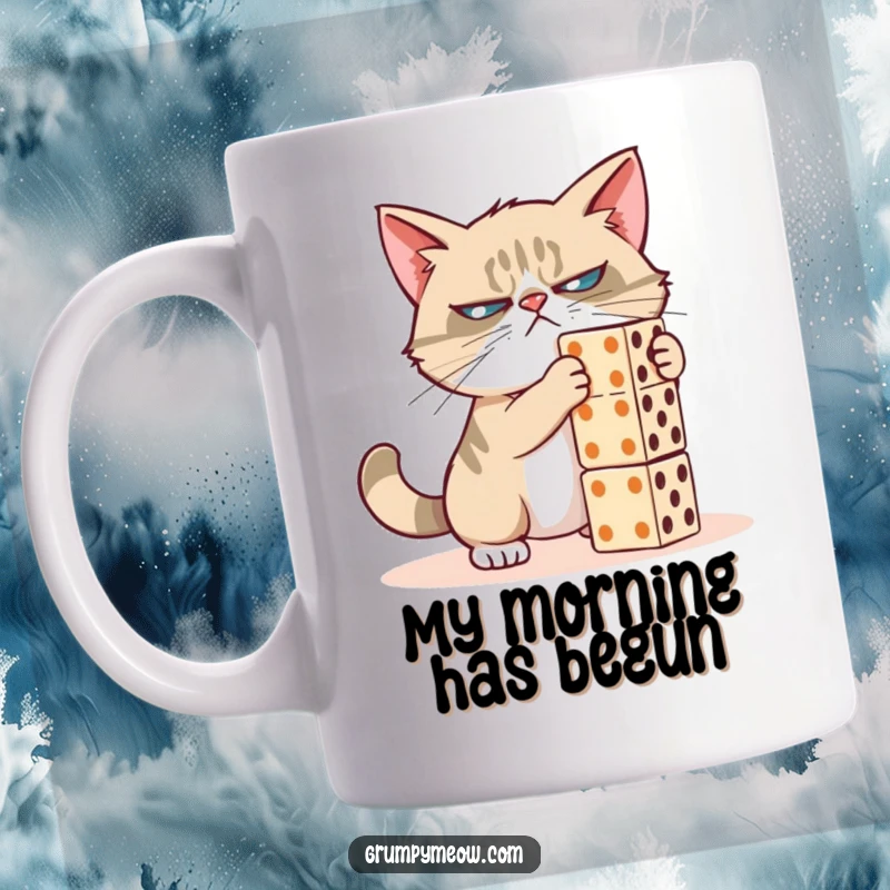 Funny grumpy cat mug, mischievously pushing over a tall domino tower, looking utterly unimpressed, perfect gift for cat lovers.