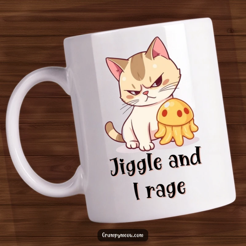 Funny mug with a grumpy cat arching its back and hissing at a wobbling jelly, showcasing its fear.