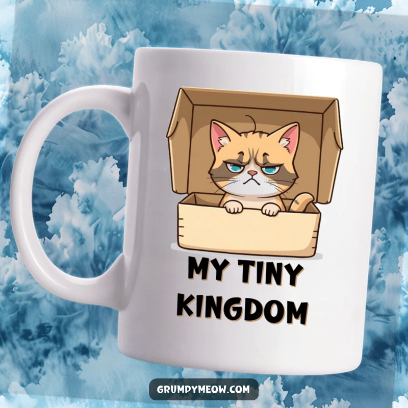Funny mug with a grumpy cat sitting inside a cardboard box, its whisker twitching with reluctant curiosity, perfect for cat lovers.