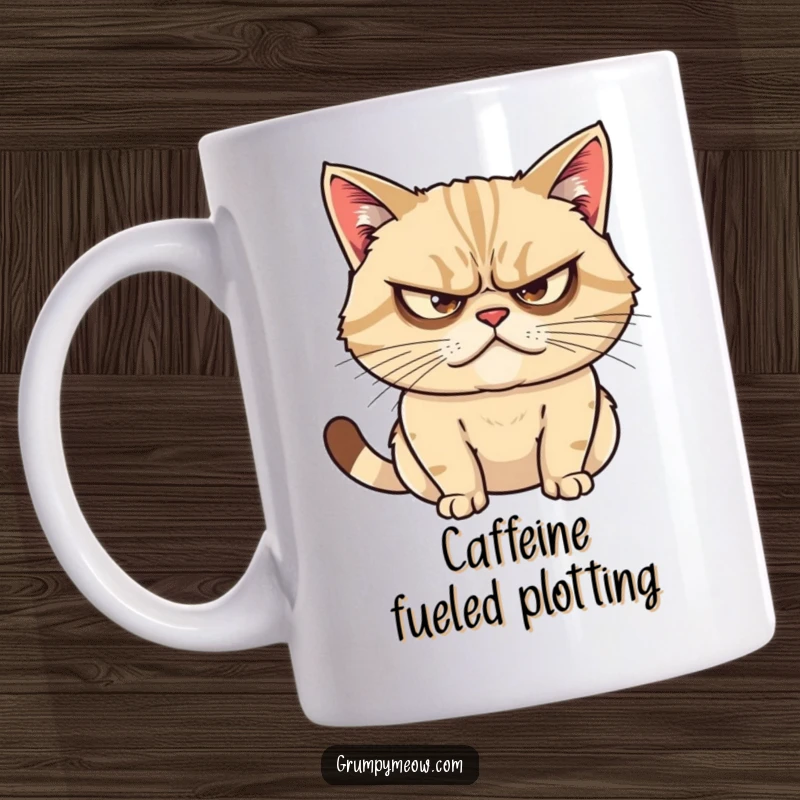 Funny mug featuring a grumpy cat with narrowed eyes, plotting mischievous deeds with a sly and cunning expression.