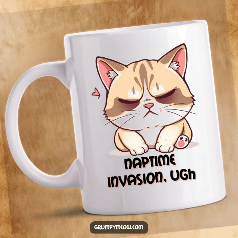 Funny grumpy cat mug, trying to sleep, playfully disturbed, annoyed expression, interrupted nap, humorous pet owner gift.