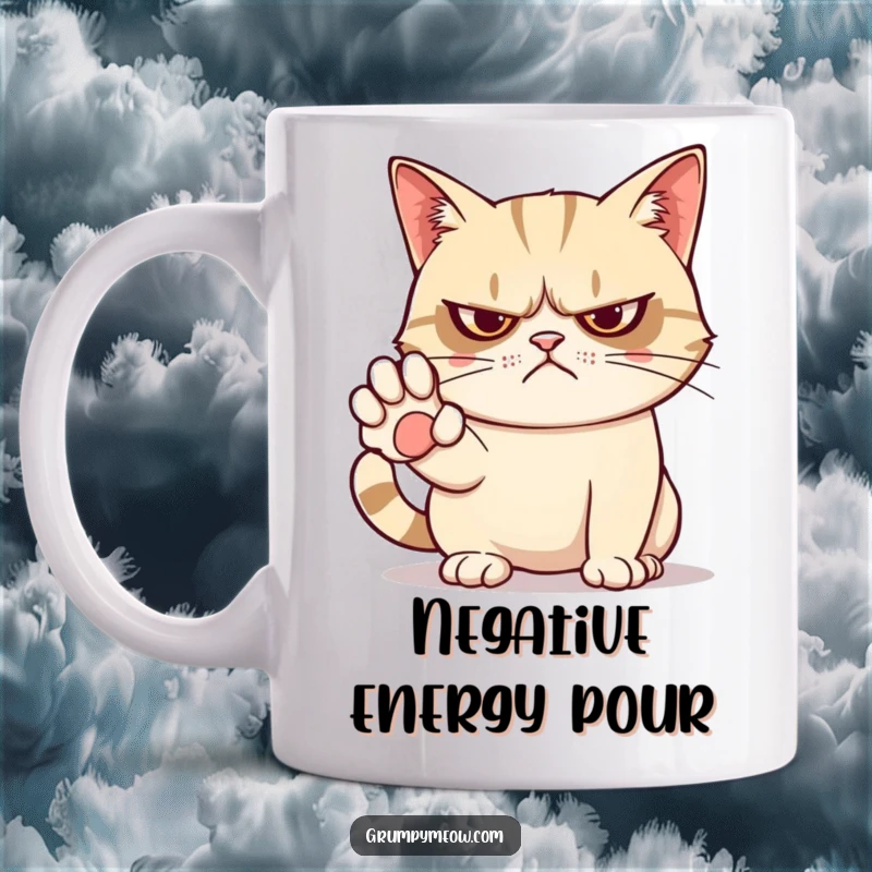 Funny mug featuring a grumpy cat with a paw held out in a clear 'no' gesture, exuding feline disapproval.