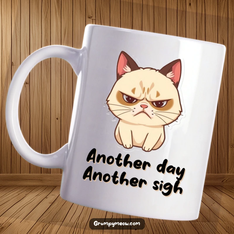 Funny grumpy cat mug showing a cat with a slight frown, sighing dramatically, perfect for expressing feline exasperation.