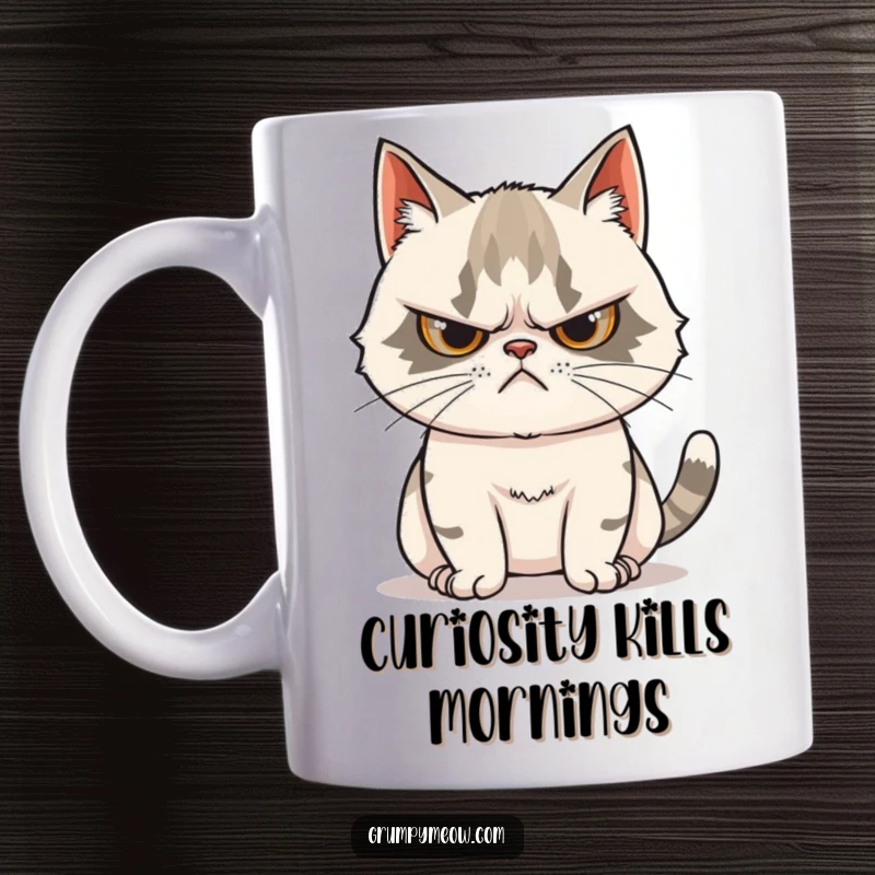 Funny Grumpy Cat Mug: A cat with a stern scowl but a tail betraying intense curiosity and interest.