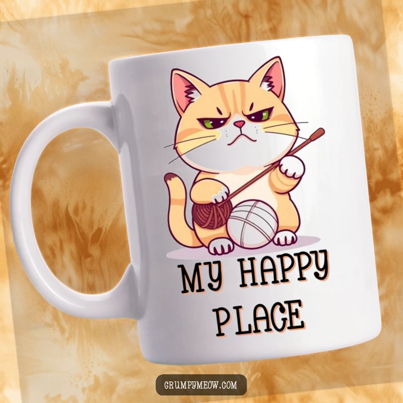 Funny mug with a perpetually frowning cat playfully batting at a tangled yarn ball, capturing classic cat antics and relatable grumpy humor.