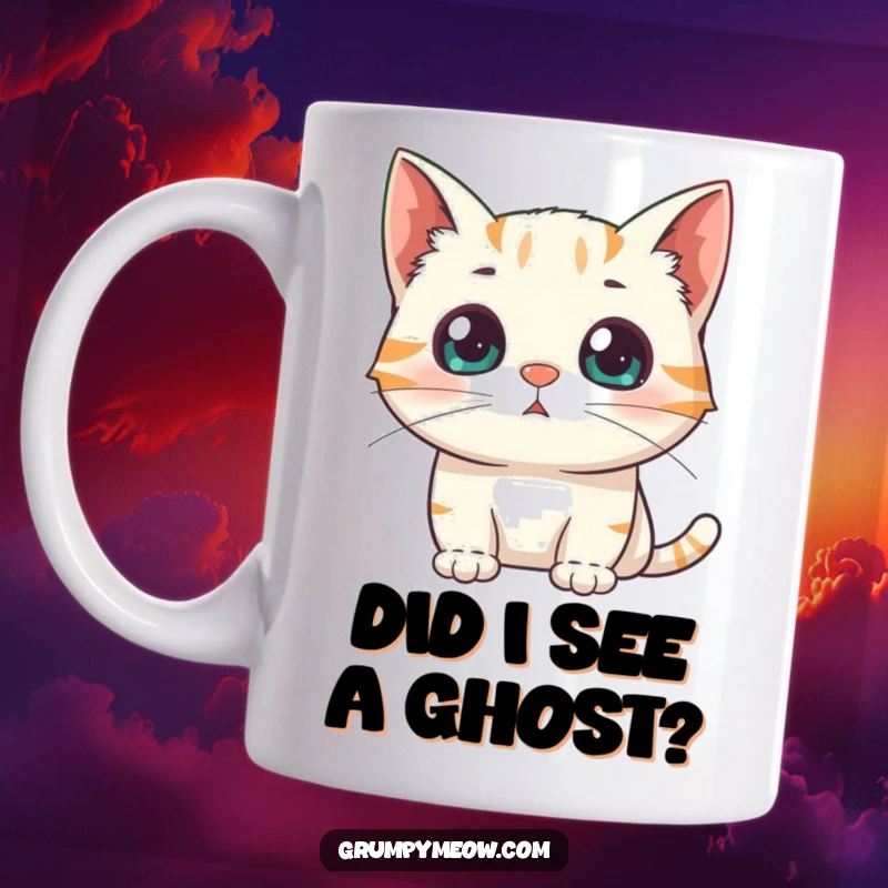 Funny Mug: A cat with dilated pupils stares in surprise at something unexpected, showing wide-eyed, startled emotion.