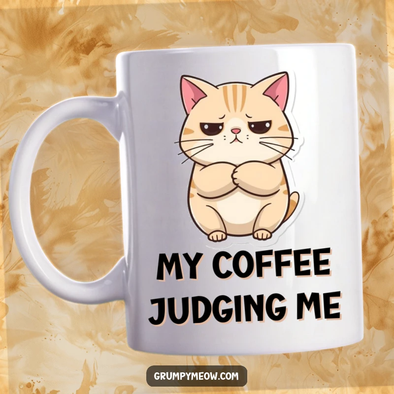 Funny Mug: A round cat with crossed arms looks unimpressed but curious, embodying a hilariously relatable feline attitude.