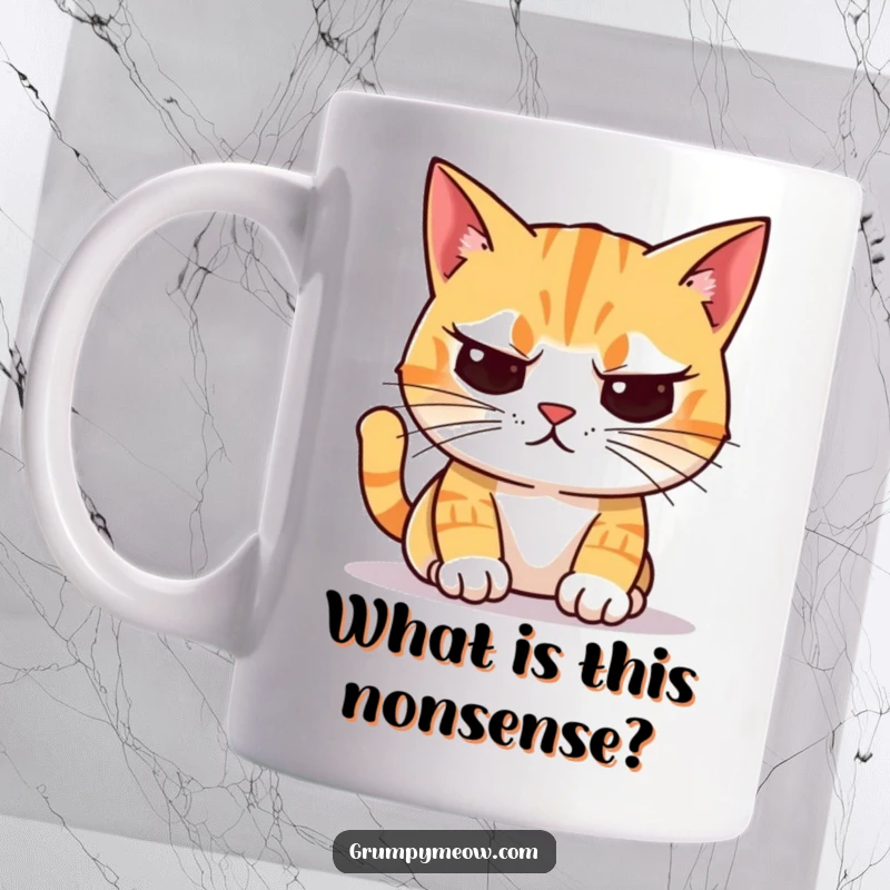 Funny Mug: An unimpressed cat with crooked whiskers judges a colorful object, radiating skeptical feline energy.
